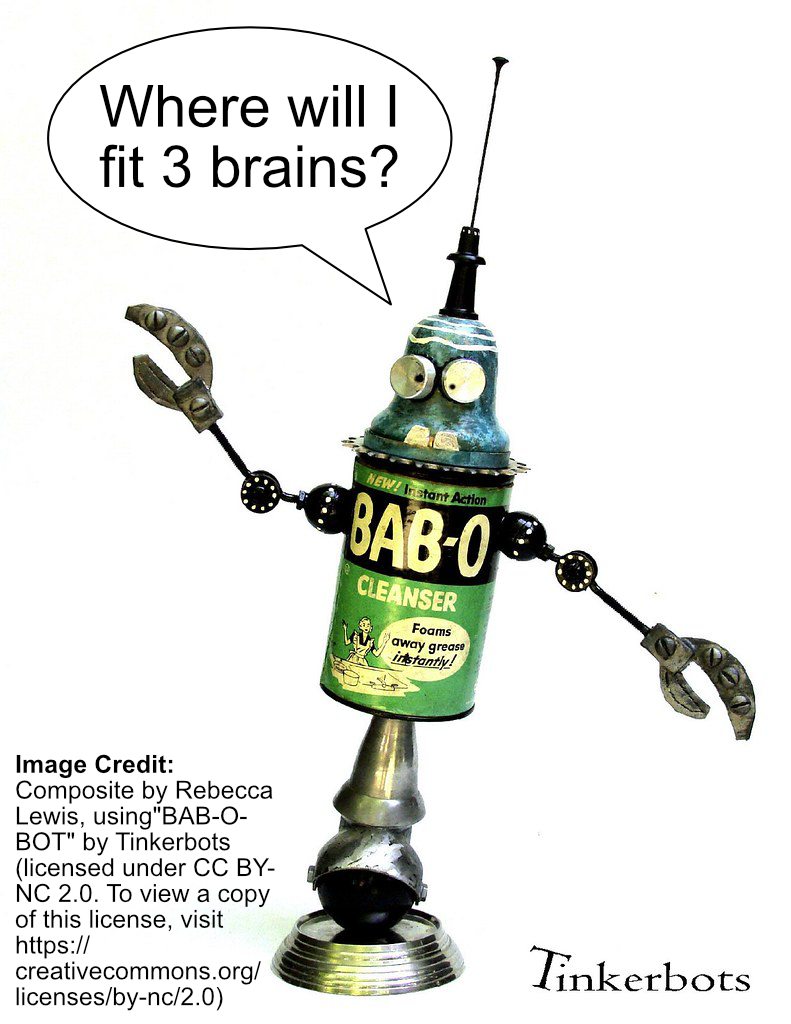 A vintage-looking green-and-black metal can of BAB-O Cleanser has been made into a whimsical robot with googly eyes. Black text in a white dialogue bubble asks, 'Where will I fit 3 brains?'